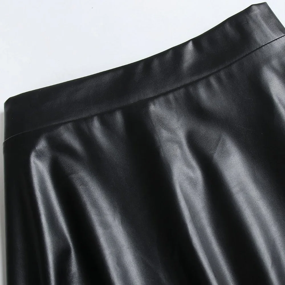 Black Preppy Womens Plus Solid PU Leather Flare Skirt - Picture 5 of 5
